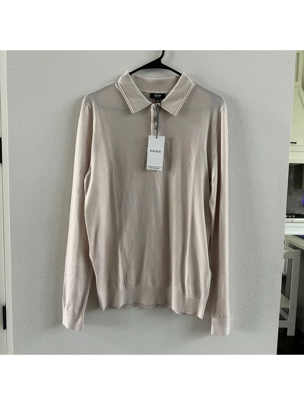 REISS Trafford Long Sleeved Half Button Merino Wool Polo In Neutral